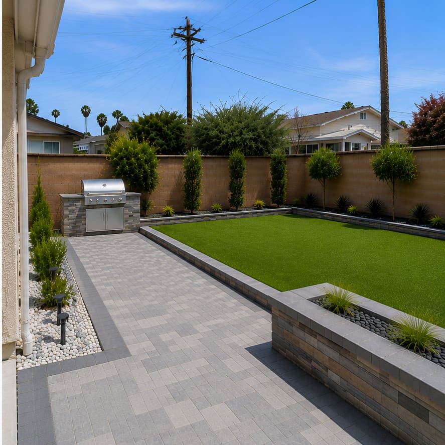 Backyard after complete landscaping and hardscaping transformation Los Angeles