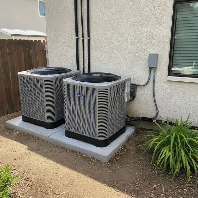 Dual outdoor Lennox AC condensers installed on concrete pad California