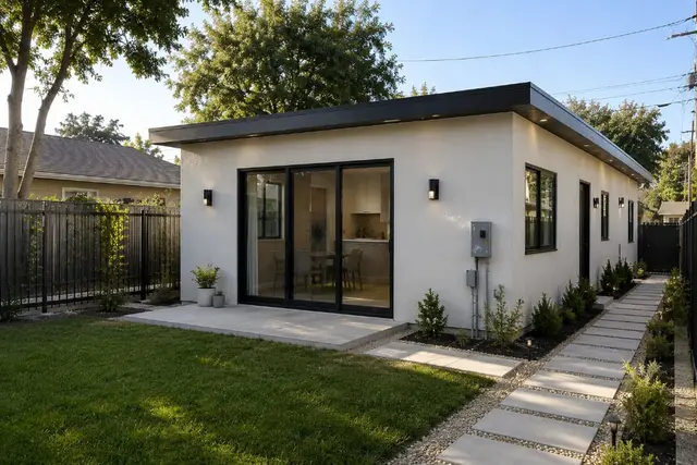 800 sqft ADU exterior with sliding glass door at dusk Los Angeles