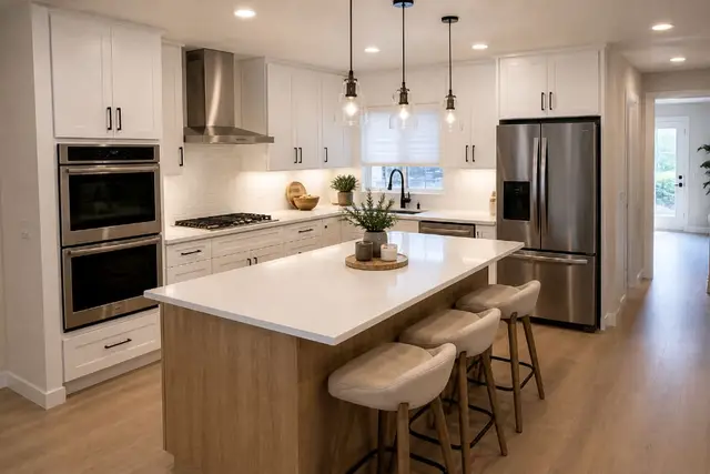 White kitchen with island after remodel Los Angeles