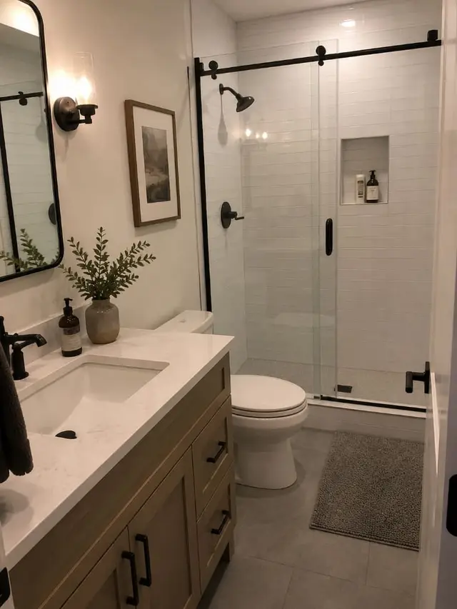 Modern bathroom renovation with walk-in shower and black fixtures