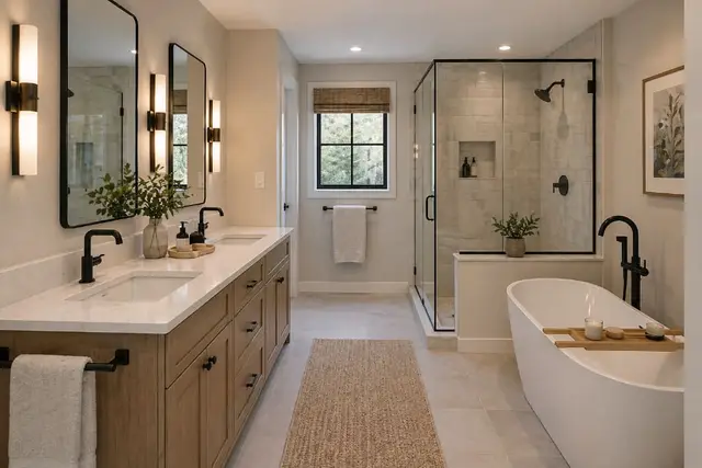 Luxury bathroom remodel with double vanity and walk-in shower