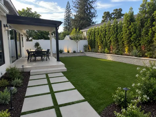 Modern backyard landscaping with pergola and lawn Los Angeles
