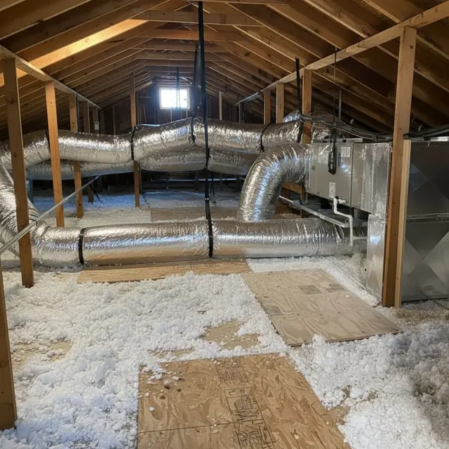 New flexible ductwork runs in residential attic Los Angeles
