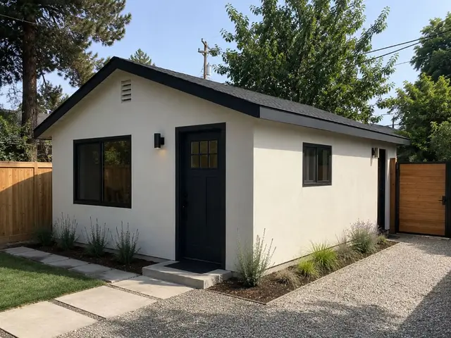 Completed ADU exterior with black trim, gabled roof, and gravel pathway California